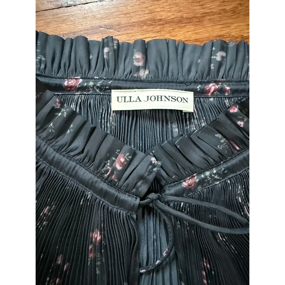Ulla Johnson Floral Pleated Blouse Black Pink Rose Ruffle Neck Puff Sleeve Top 8